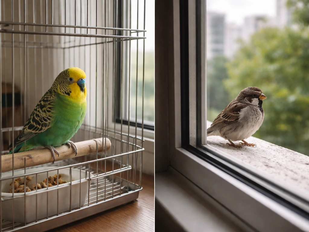 Pet bird calm in a secure cage next to a wild bird perched outside an apartment window.
