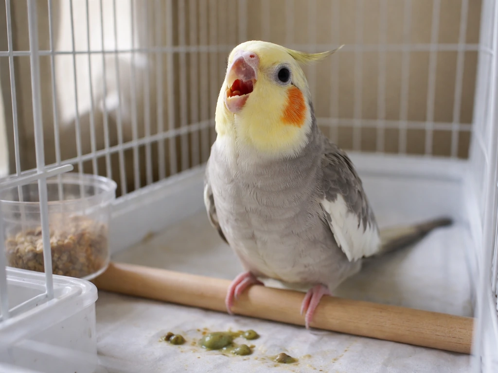 Pet bird inside a simple cage showing open-mouth breathing posture near a cage tray