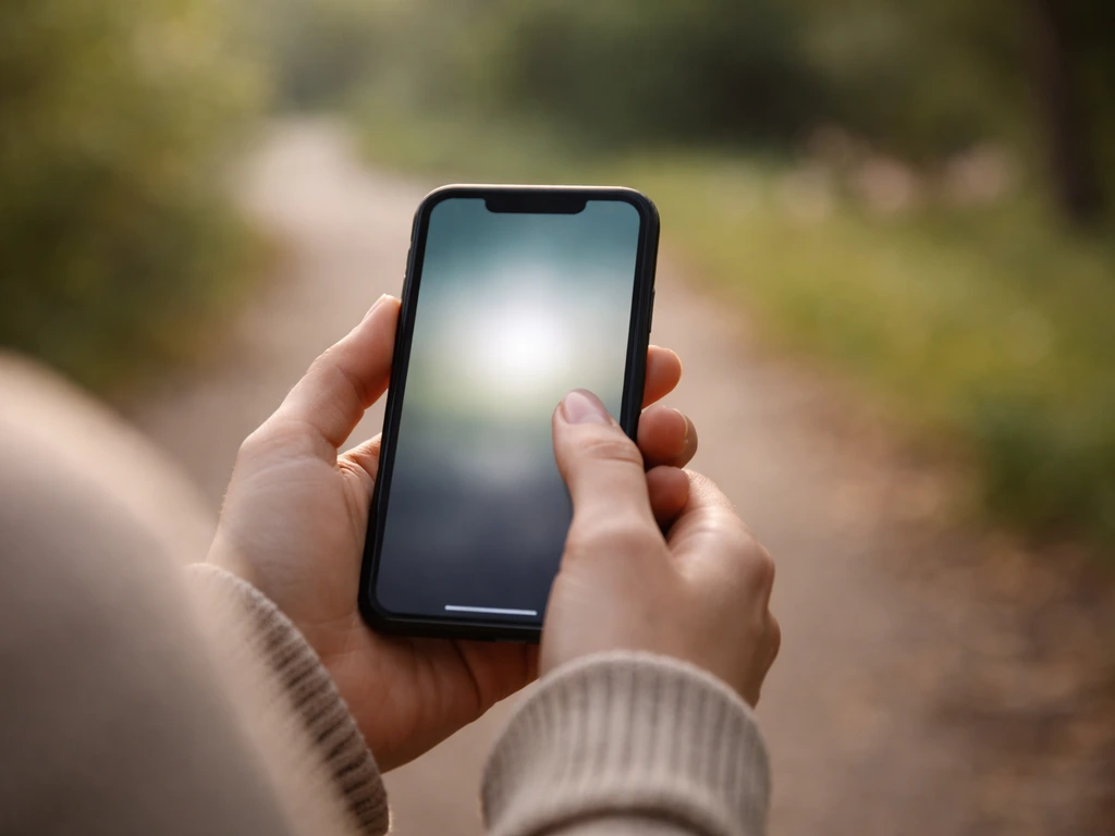 Person’s hands holding a phone showing a breathing rhythm, with a calm pause near an outdoor bird area.