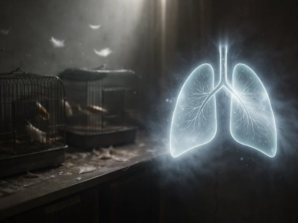 Moody birdkeeping room with drifting feathers and a subtle glowing lung shape to suggest an immune reaction to allergens
