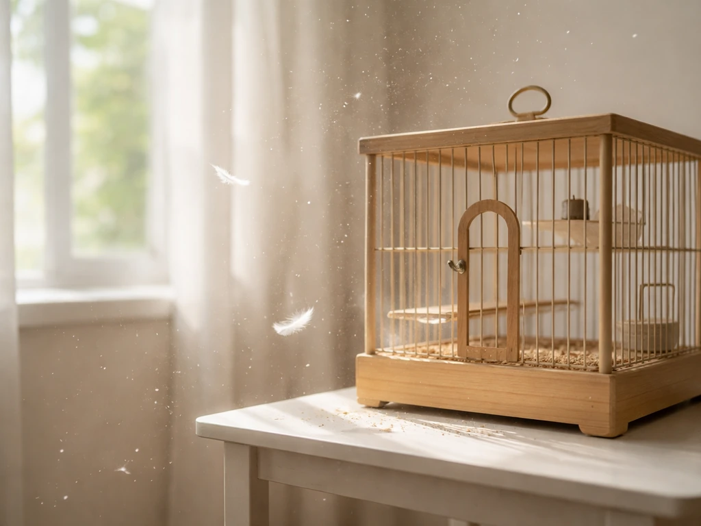 Bird fancier’s lung concept: a clean room with a birdcage and faint dust-like particles in air, no people.