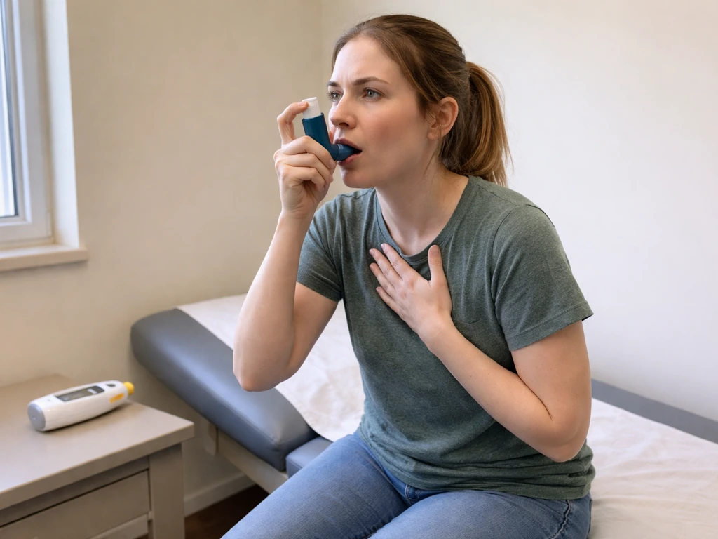 Person in a clinic inhales an asthma rescue inhaler after returning from a bird area, visibly breathless.