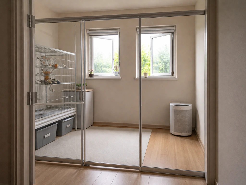 Minimal indoor bird-care setup with a HEPA air purifier and controlled ventilation to reduce airborne exposure.