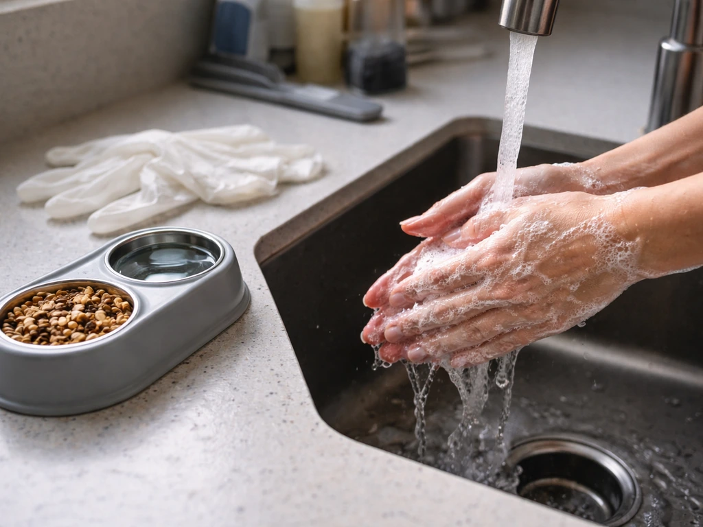 Person washing hands under running water after cleaning a pet bird’s cage and dishes.