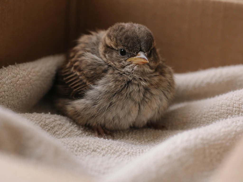 Small wild bird huddled and puffy in a towel-lined rescue box, conveying shock-like condition.