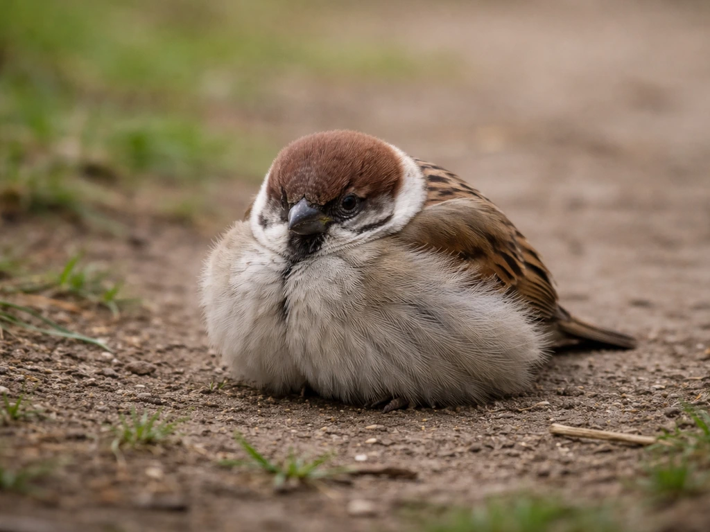 A small wild bird on the ground, huddled with puffed feathers and sitting low/flat like in shock.