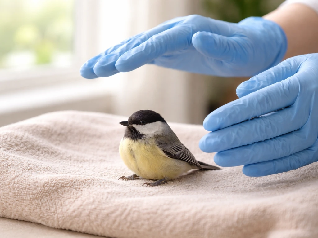 Gloved hands hovering safely near a small songbird on a towel indoors, observing breathing.