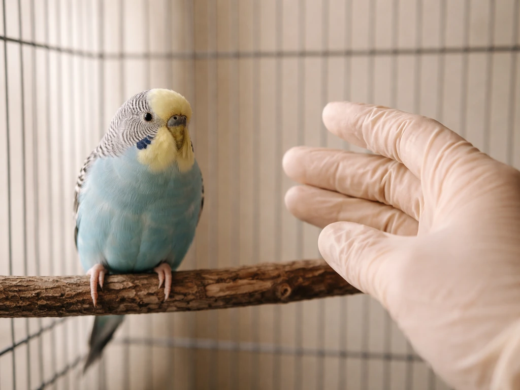 Gloved hand slowly approaching a small bird perched in an indoor cage, showing minimal reaction.