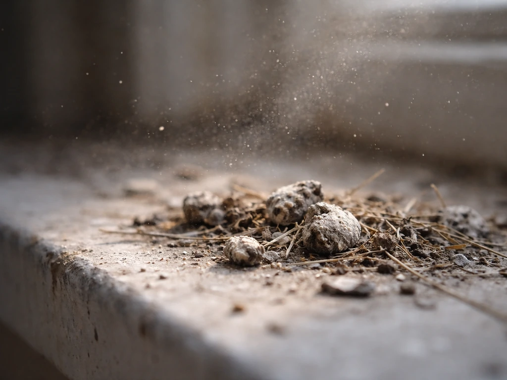 Close-up of dried bird droppings and debris with fine dust drifting in a light beam