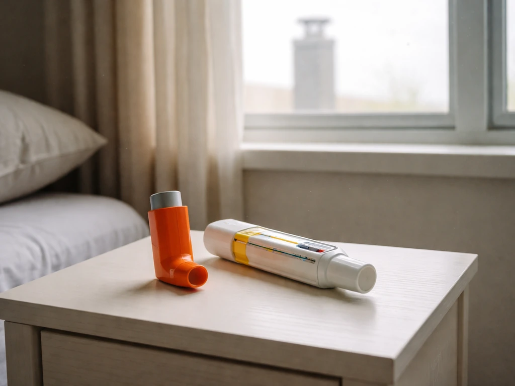 Inhaler and peak-flow meter on a bedside table beside a closed window with a vent stack outside.