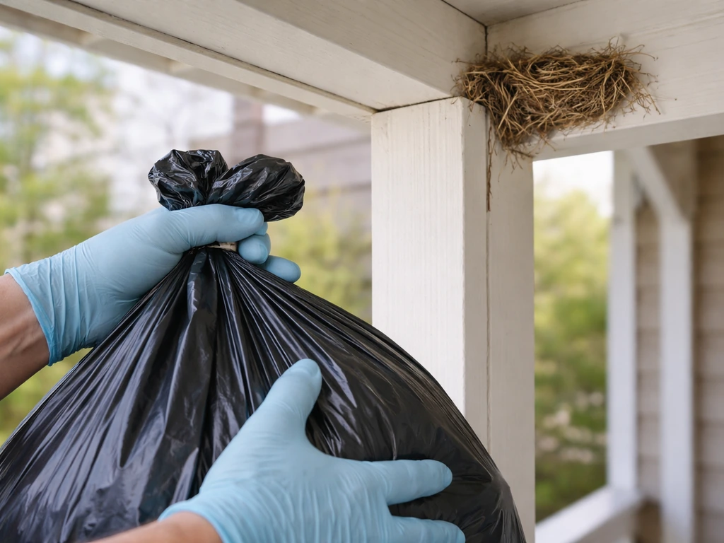 Gloved hands holding a sealed trash bag beside an outdoor porch beam with a bird nest nearby
