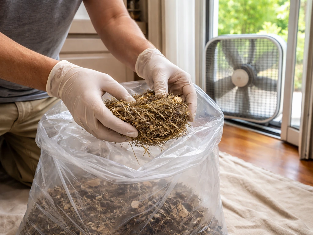 Gloved hands bagging contained nest material beside an open window with a fan pushing air outward.