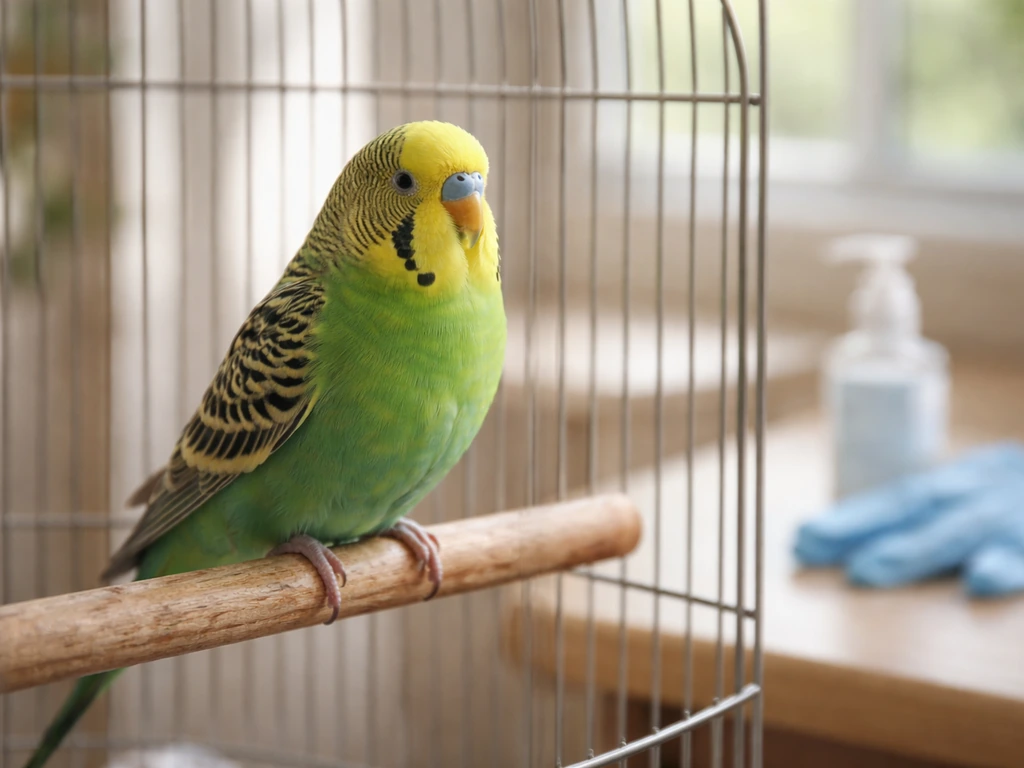 Close-up of a parakeet in its cage with hand sanitizer and gloves nearby, suggesting human-to-bird precautions.