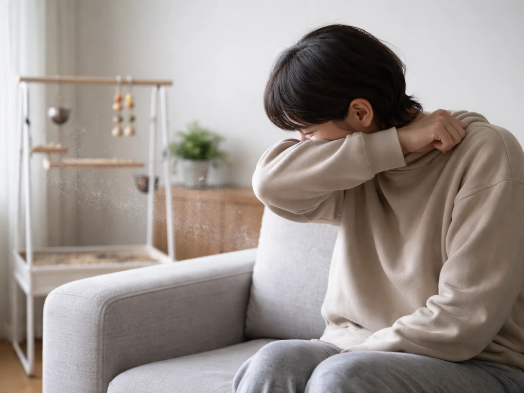 Anonymous person cough-covering near a couch close to a bird stand, suggesting airborne spread indoors.
