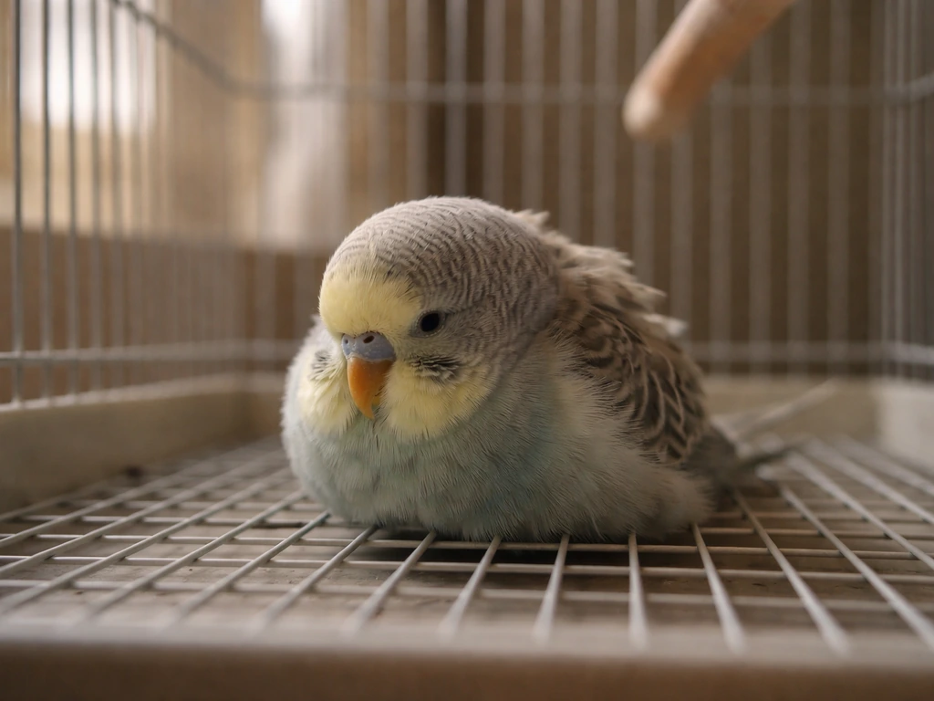 Fluffed small pet bird sitting low near the cage floor, looking quiet and less active.