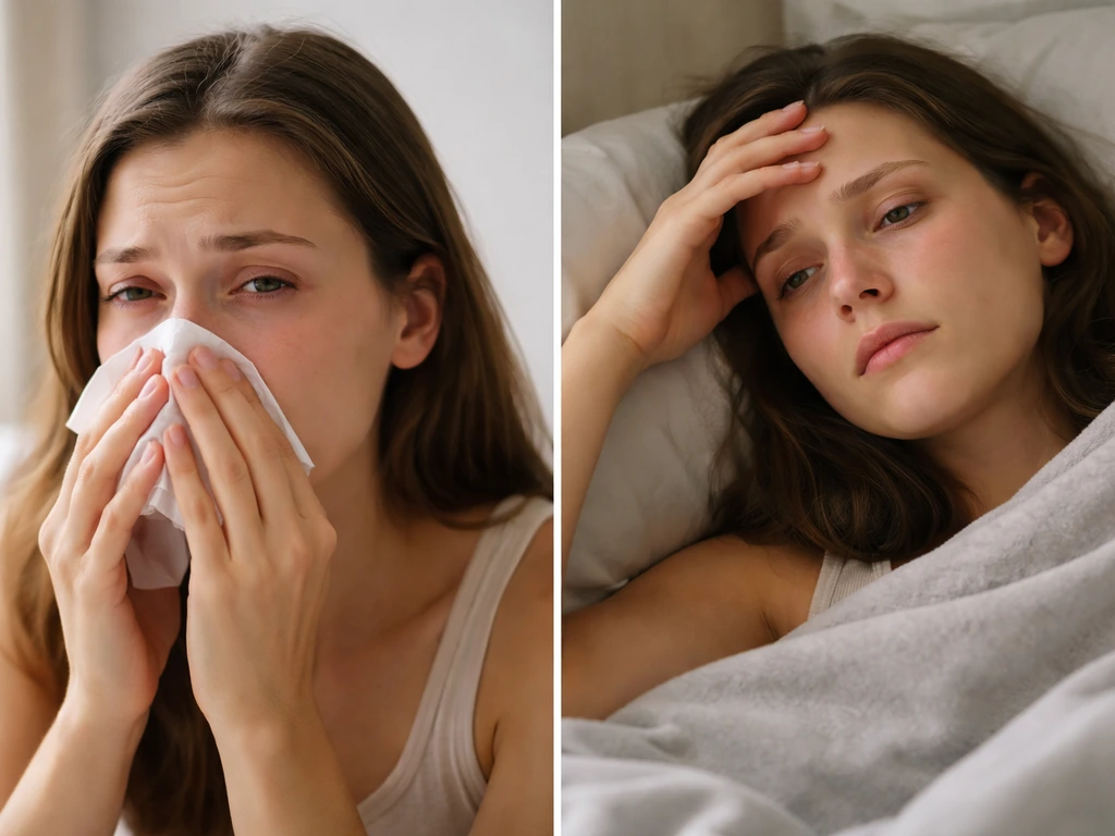 Minimal split-scene: allergic irritation with watery eyes and congestion vs a sick, feverish look with a blanket.