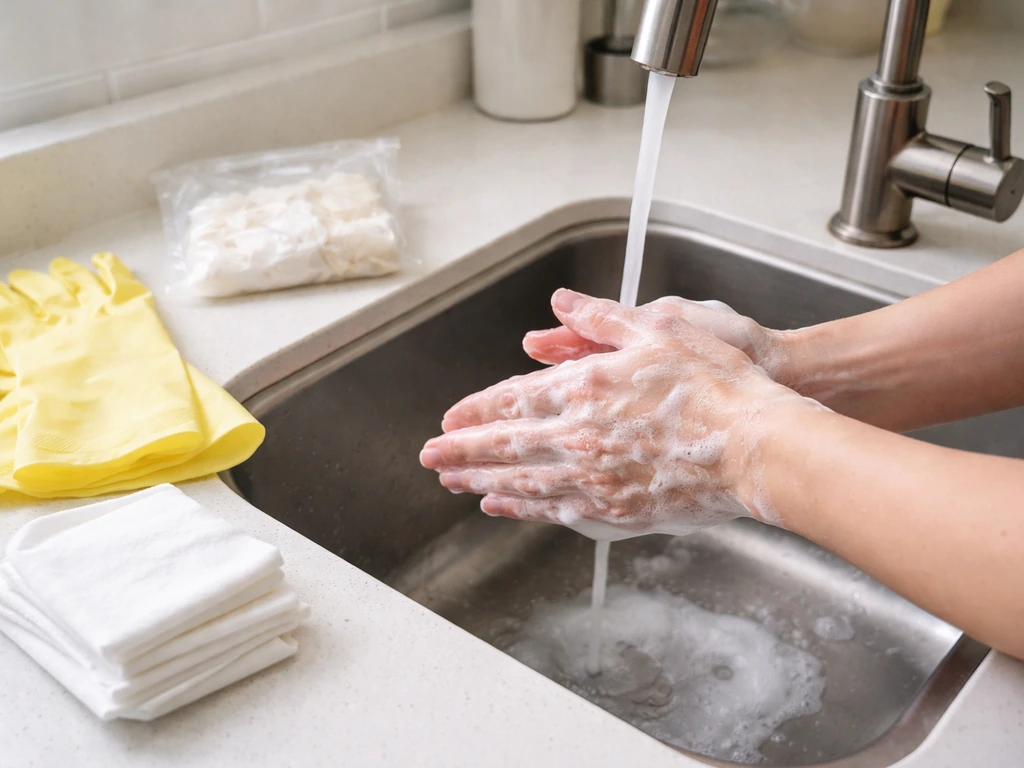Hands washing with soap at a sink; gloves, cleaning wipes, and a sealed bag on the counter.