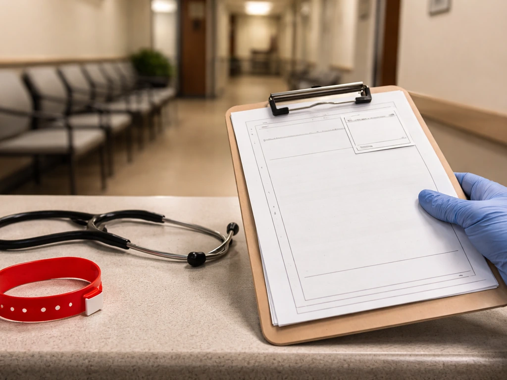 Gloved hand holding a clipboard and unmarked discharge card in an urgent care setting.