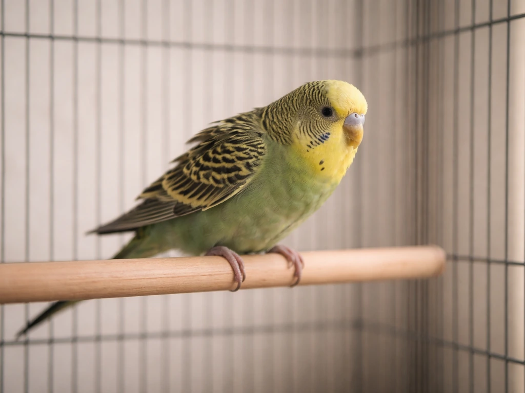 A pet bird perched in a simple cage with tense, alert posture showing subtle stress symptoms.