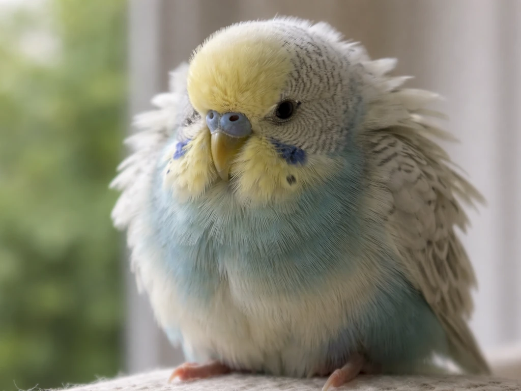 Close-up of a small bird on a perch with fluffed feathers, showing visible stress posture indoors.