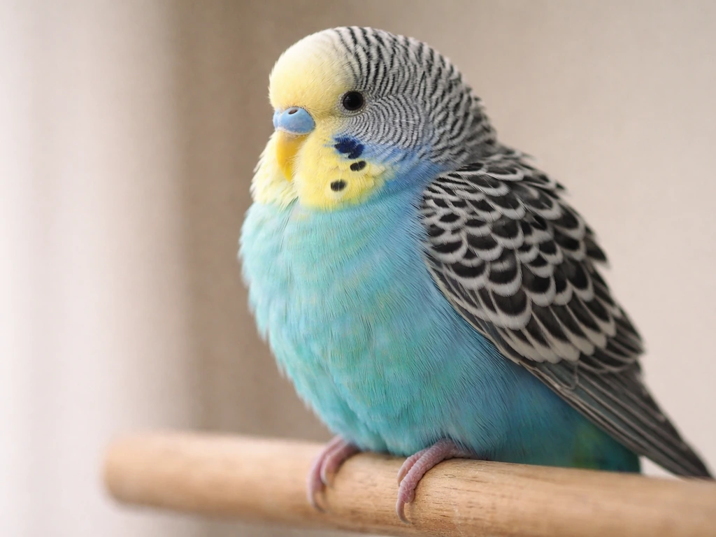 Close-up of a small pet bird fluffed tightly with slightly raised head and wing feathers, suggesting stress signs.