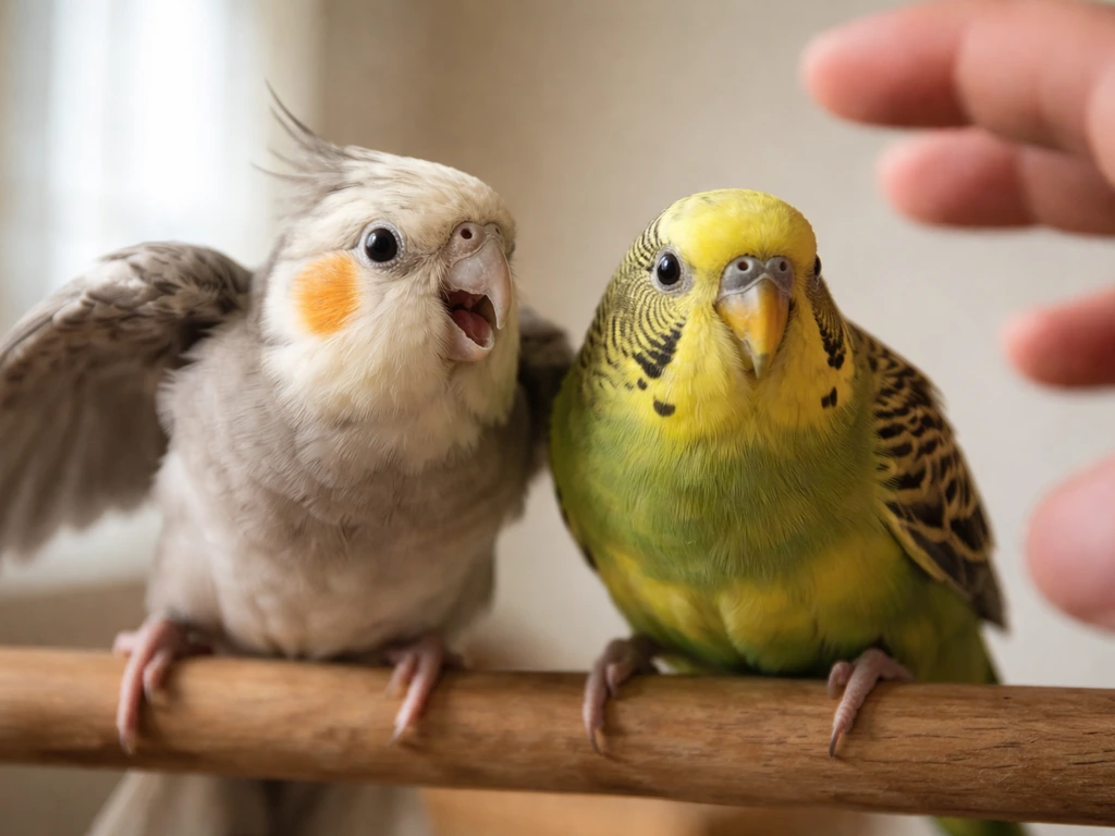 Two pet birds tense in a quiet room during rough handling, emphasizing startled stress