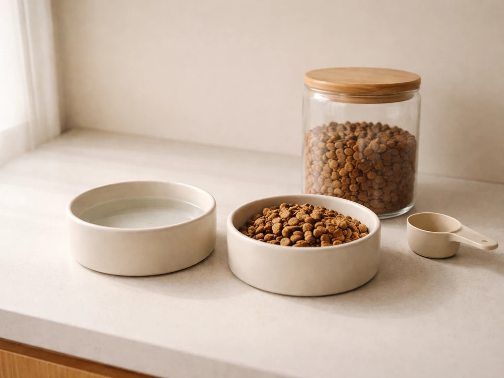 Minimal close-up of a tidy kitchen feeding station with clean water and portioned food, suggesting calm routine