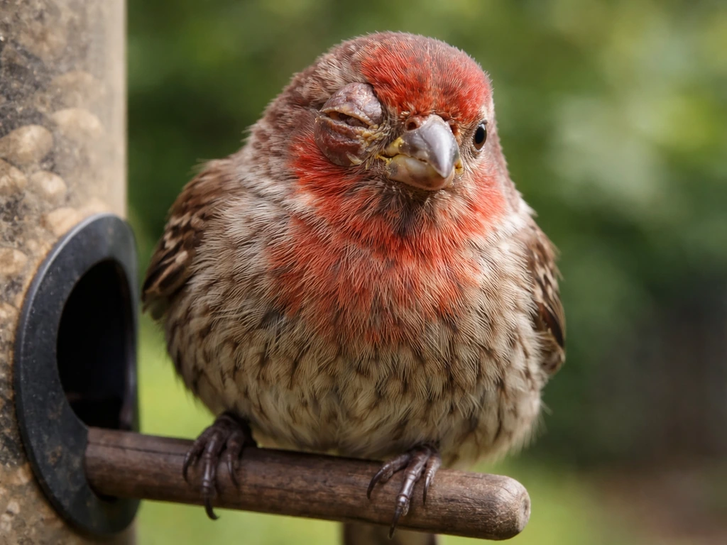 Close-up of a finch on a feeder with one swollen, crusted eye and slight discharge