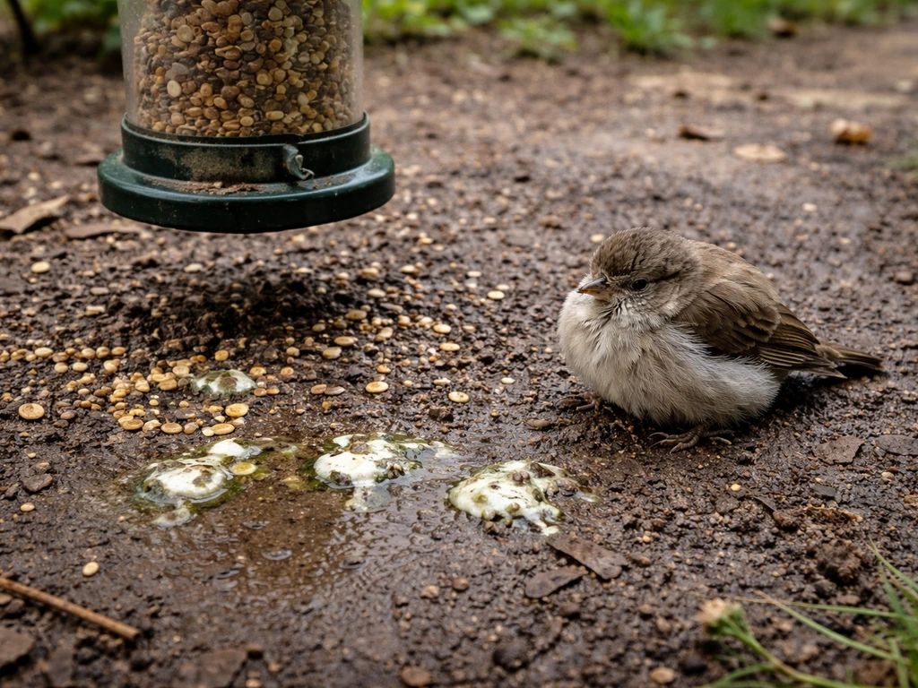 Closeup of a ground-feeding bird feeder with loose droppings and a fluffed, ill small songbird nearby.