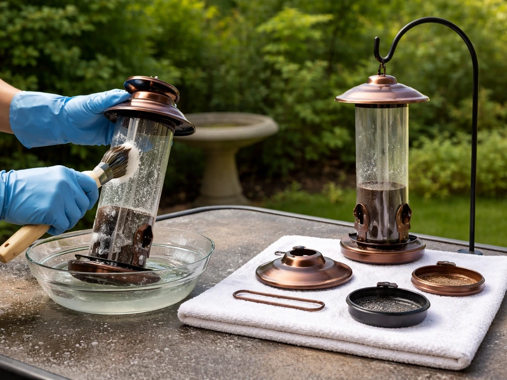Gloved hands cleaning a backyard bird feeder, then placing it back outside on a clean stand