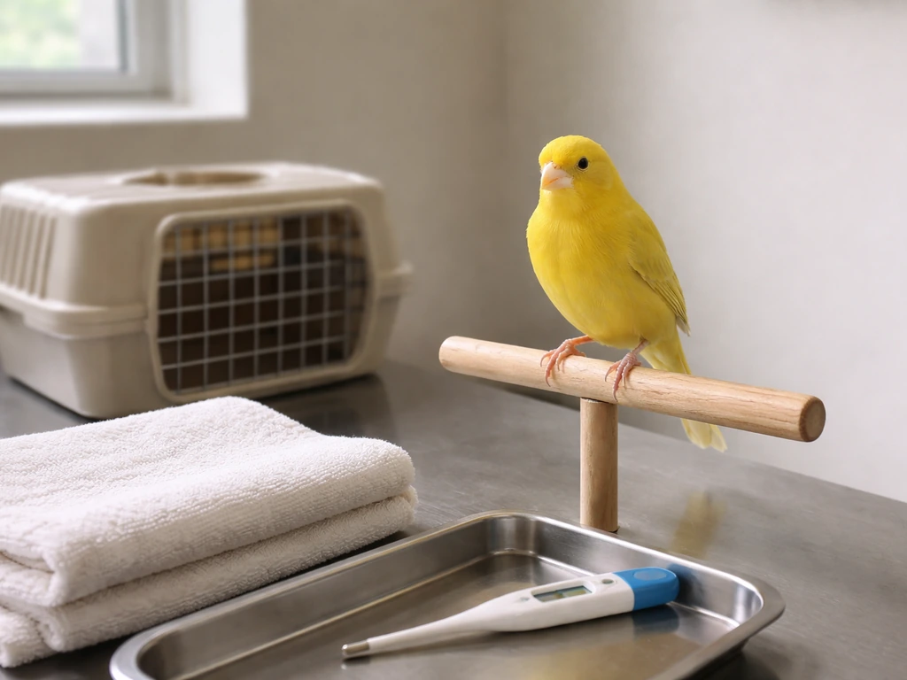 Canary perched on a perch in a calm exam room with a vet-style kit nearby