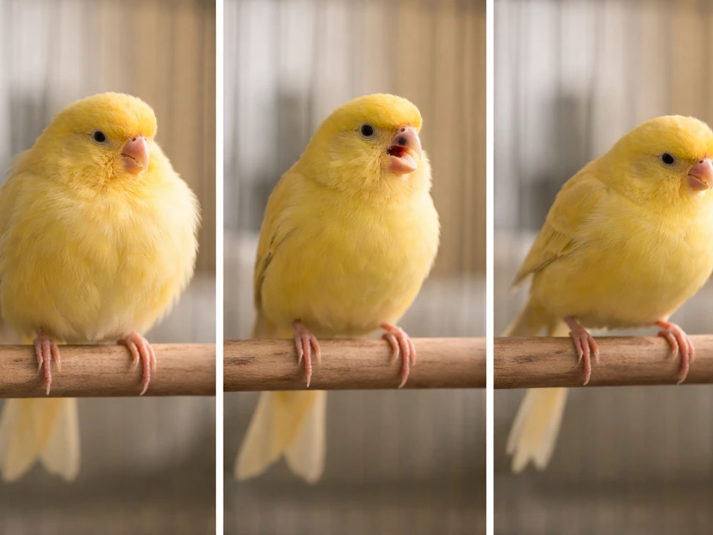 Close-up of a canary on a perch showing subtle warning signs like fluffed posture and tail-bobbing
