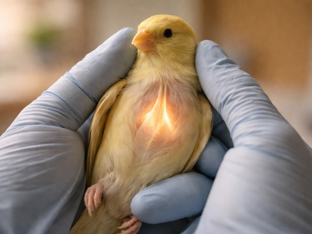 Gloved hands holding a canary with softly lit throat area suggesting trachea/air sacs vulnerability.