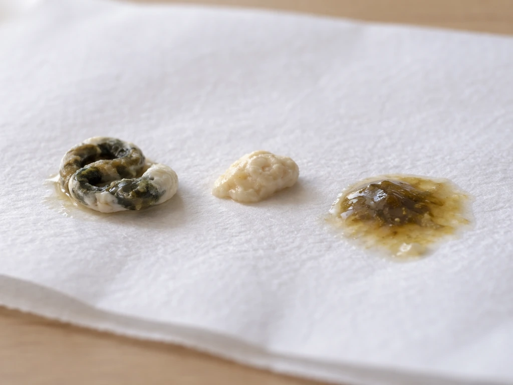 Three types of bird droppings on a white liner: formed feces, white urate, and an abnormal watery change.