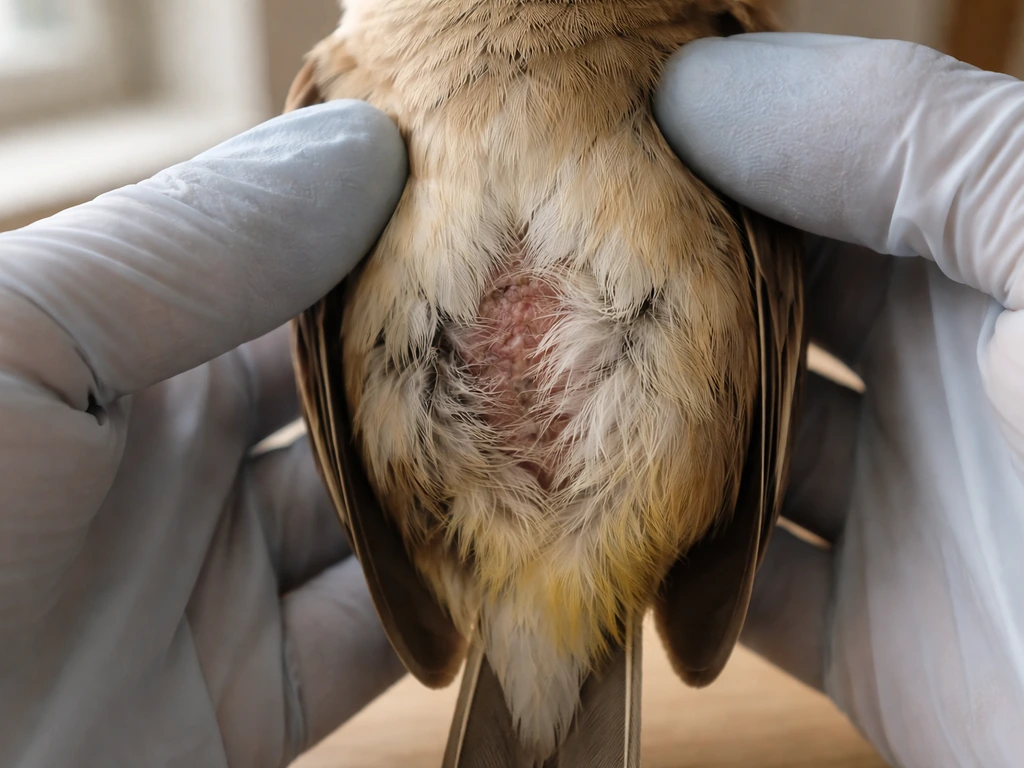 Gloved hands gently holding a small bird off-frame while inspecting abdomen feathers for matting or wetness.