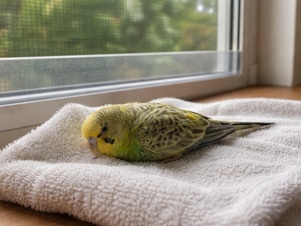 Injured pet bird resting beside a window with protective barrier, suggesting a window strike risk