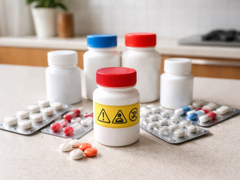 Human pain medication bottles and blister packs on a kitchen counter with generic warning emphasis; no birds.