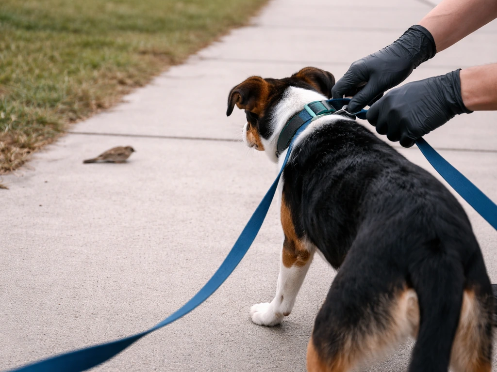 Leashed dog being pulled away from an intact bird on the sidewalk, gloved handler keeping distance.