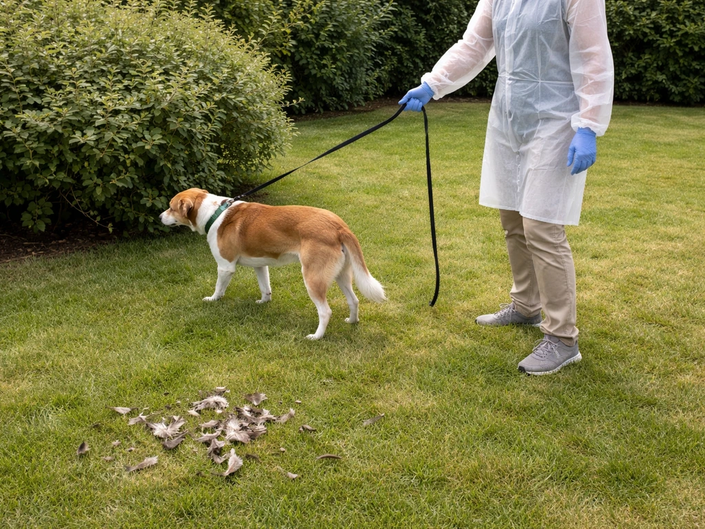 Gloved handler keeps a leashed dog away from leftover bird parts in a backyard.