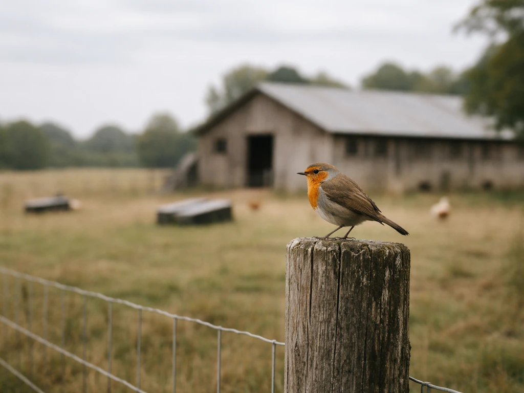 Wild bird perched outdoors with a farm field and distant poultry barn in soft focus