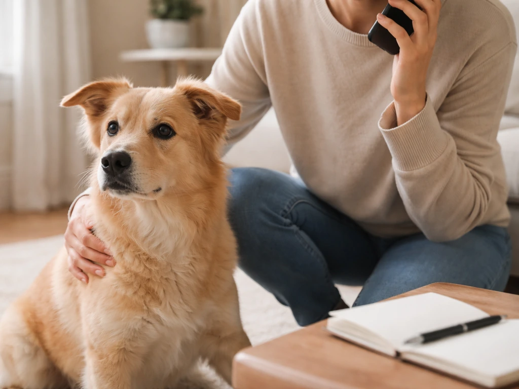 Person on a phone call to the vet with a calm dog nearby and a pen-notepad for notes.
