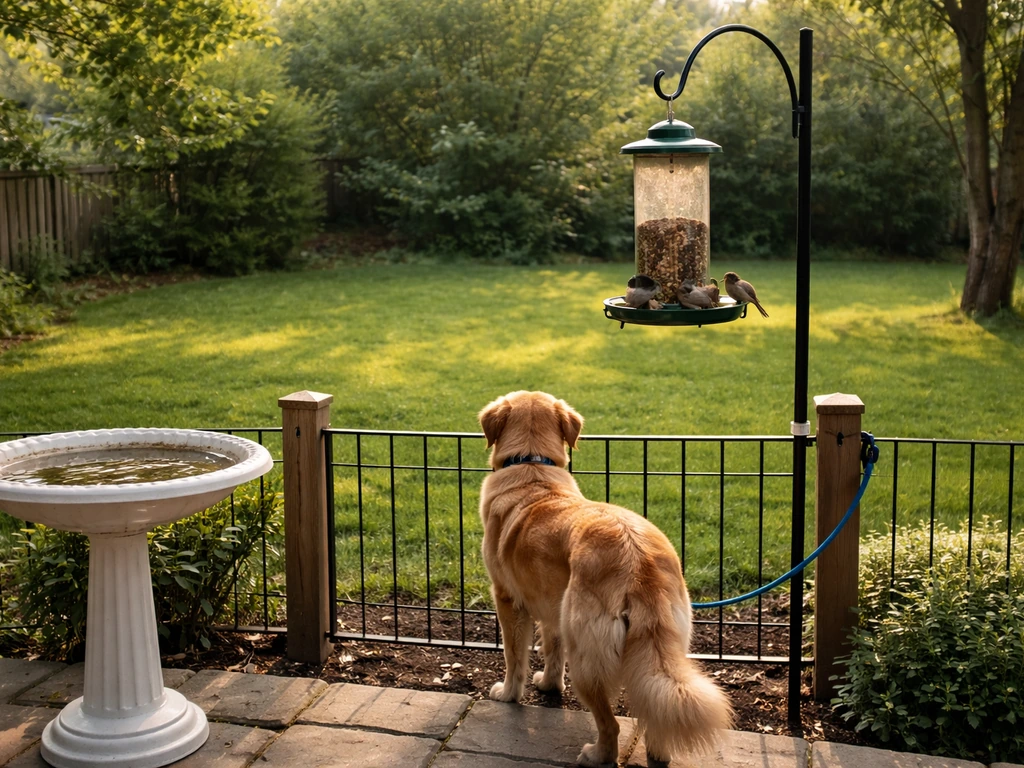 Raised bird feeder and birdbath in a backyard with a leashed dog kept behind a small barrier.