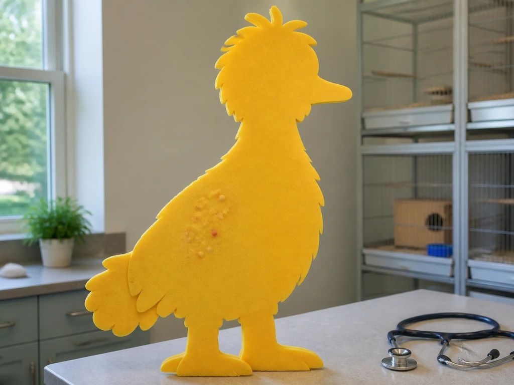 Big Bird-inspired yellow bird prop in an avian clinic with a small non-graphic pox symptom highlight.