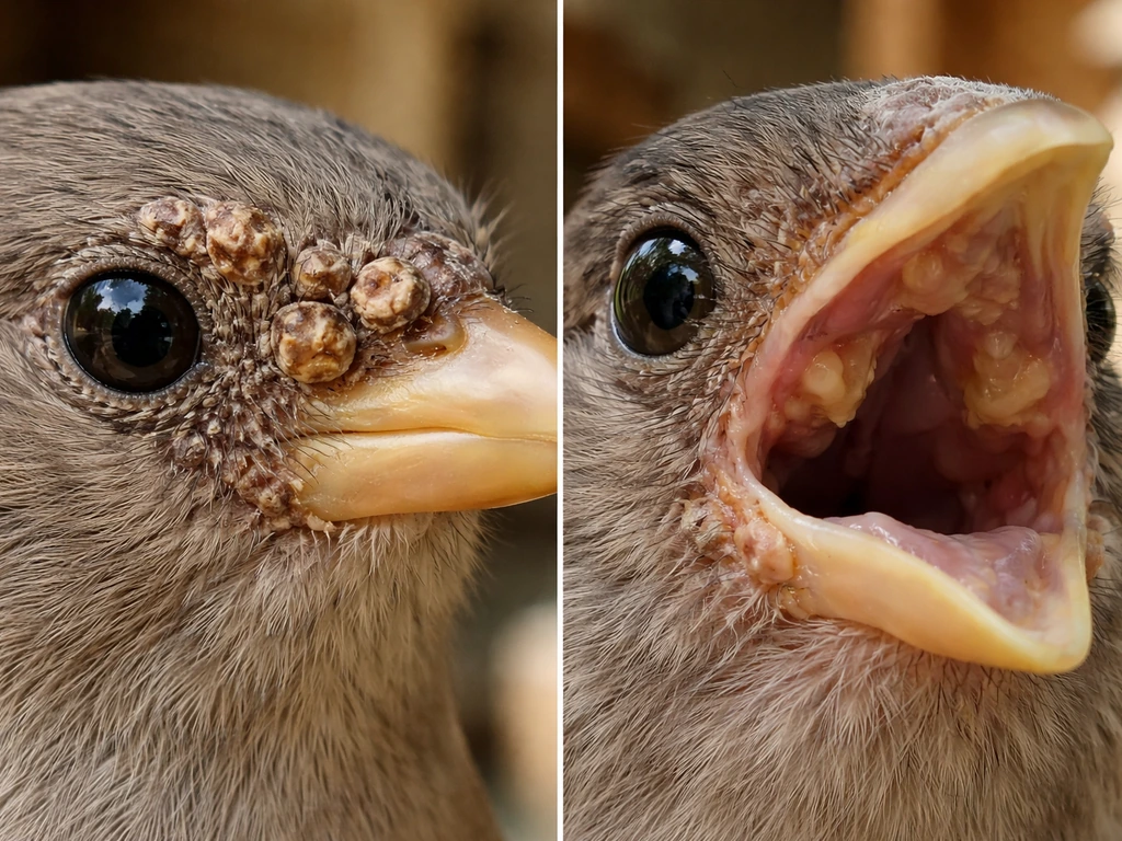 Close-up comparison of dry wart-like avian pox skin bumps vs pale lesions in the mouth/throat.
