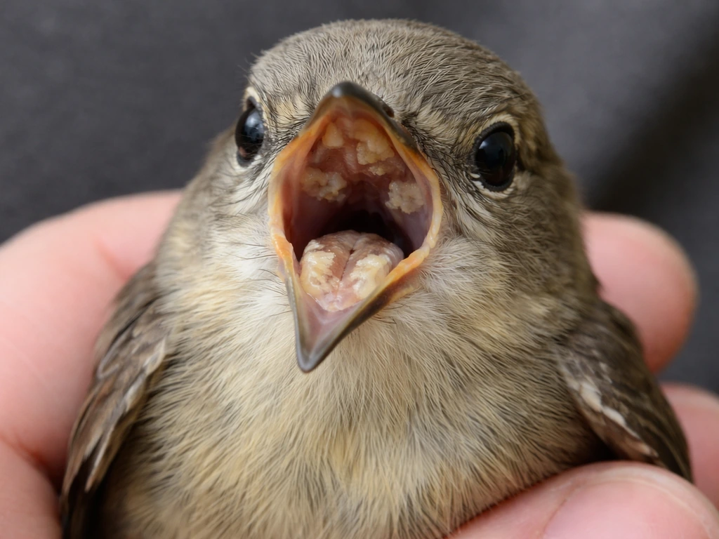 Close-up of a small bird with its beak gently open, showing pale plaques inside the mouth