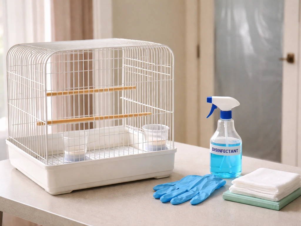 Clean bird isolation cage on a table with gloves, wipes, and disinfectant spray nearby.