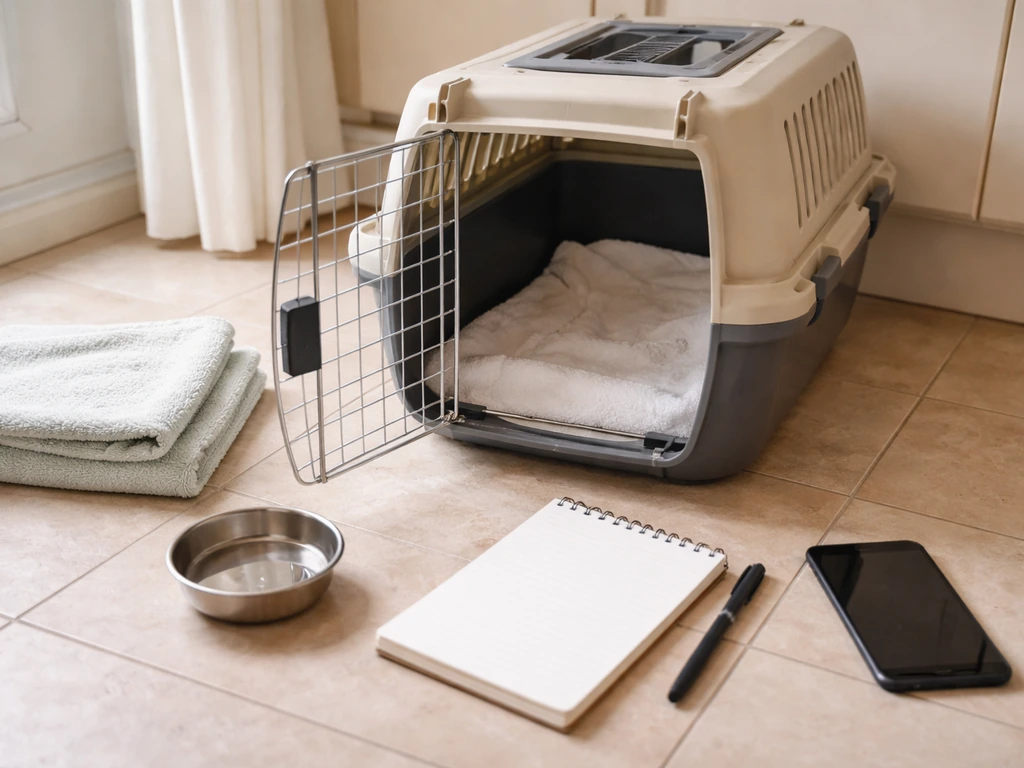 Transport carrier and observation notepad ready beside a kitchen water dish for an urgent bird vet visit