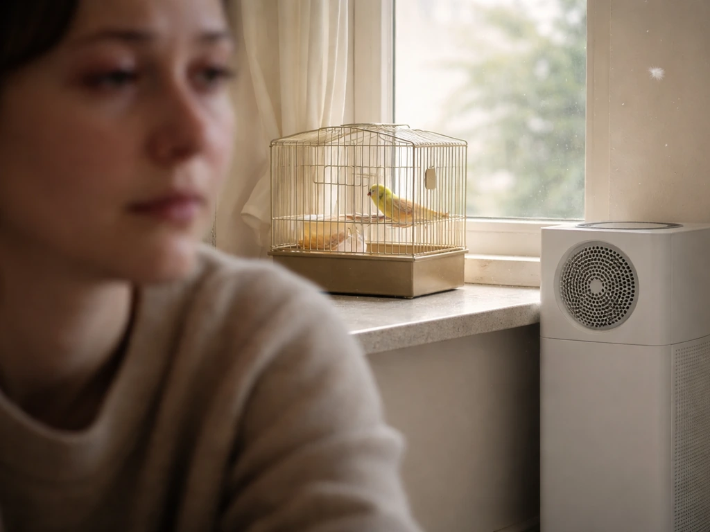 Person with watery, irritated eyes near a bird cage with floating feather dust and a HEPA-style air purifier