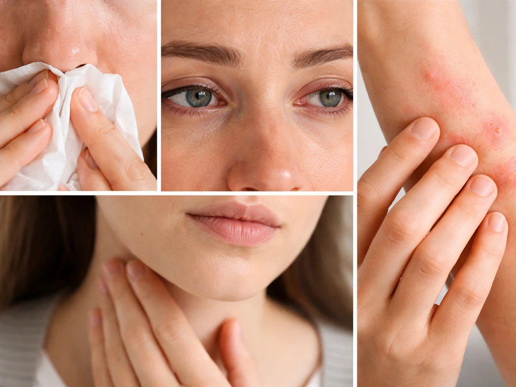 Minimal split-style image showing allergy symptoms: runny nose, itchy eyes, hives, and scratchy throat.
