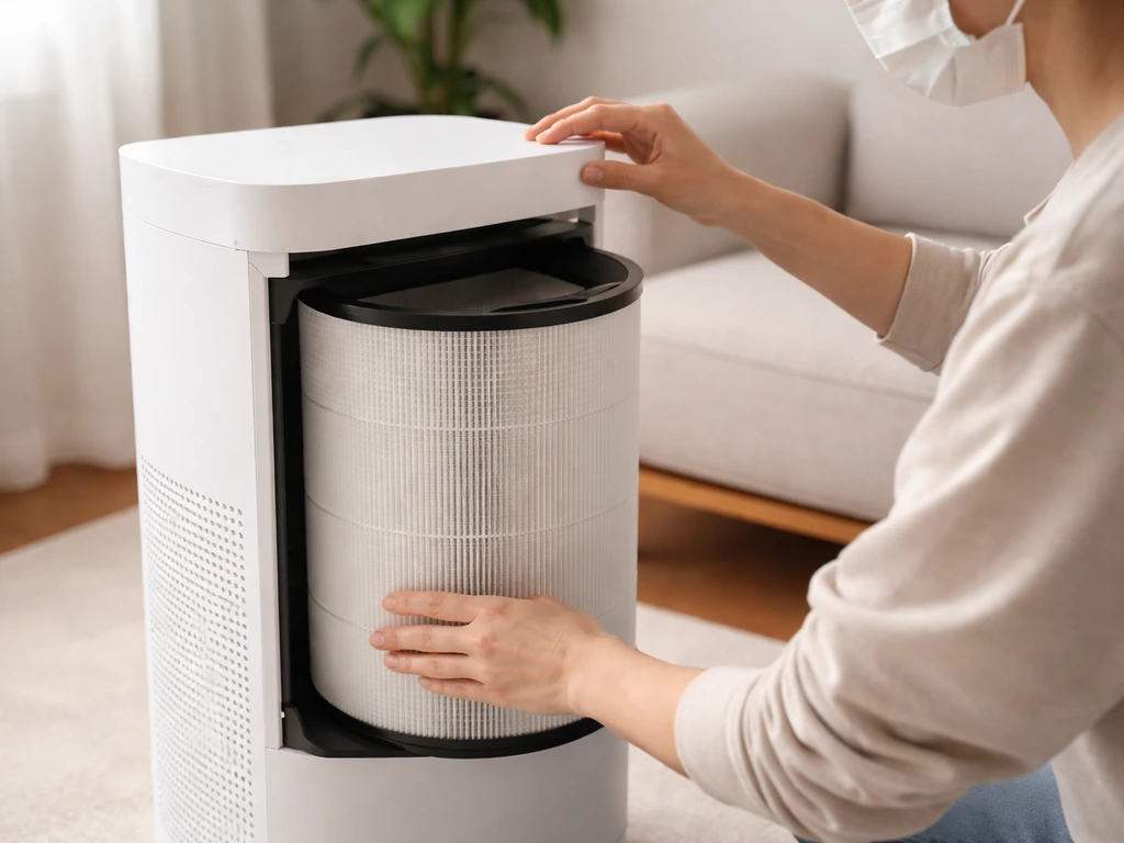 Masked person’s hands installing a HEPA filter in a small air purifier in a quiet living room.